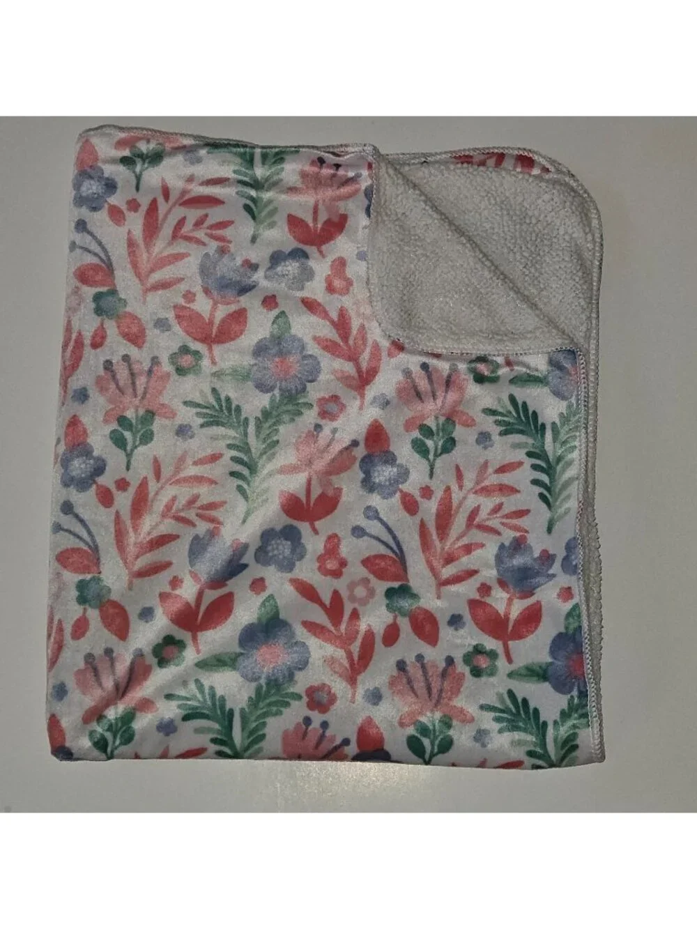 Pink Blue Green White Floral Print Baby Blanket Fleece Sherpa 119741 SL Home
